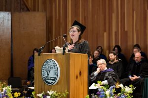 Fiona Craig gives the student address, on the theme of forgiveness, at Marlboro’s 2018 commencement.