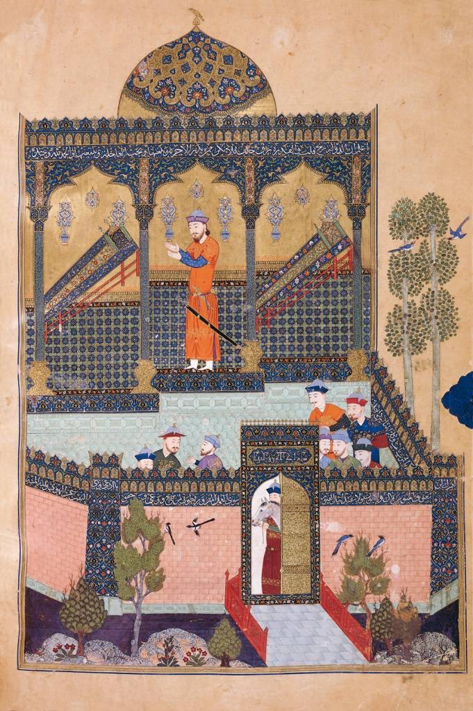 In an illustration from the Shahnameh, Rostam mourns the death of his father and his uncle.