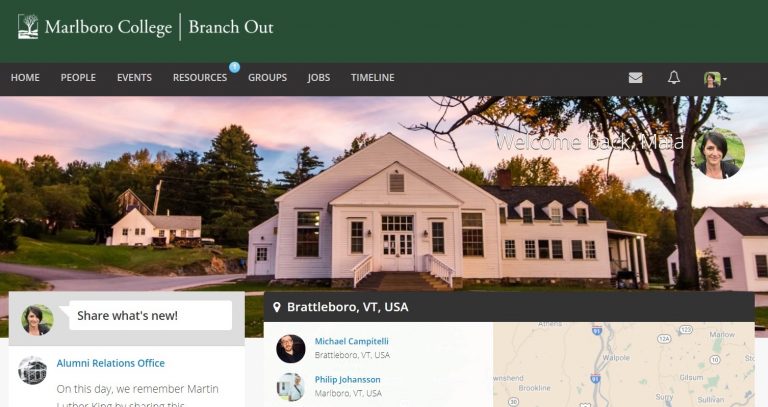 The home page for Branch Out offers students and alumni many resources and points of interest.