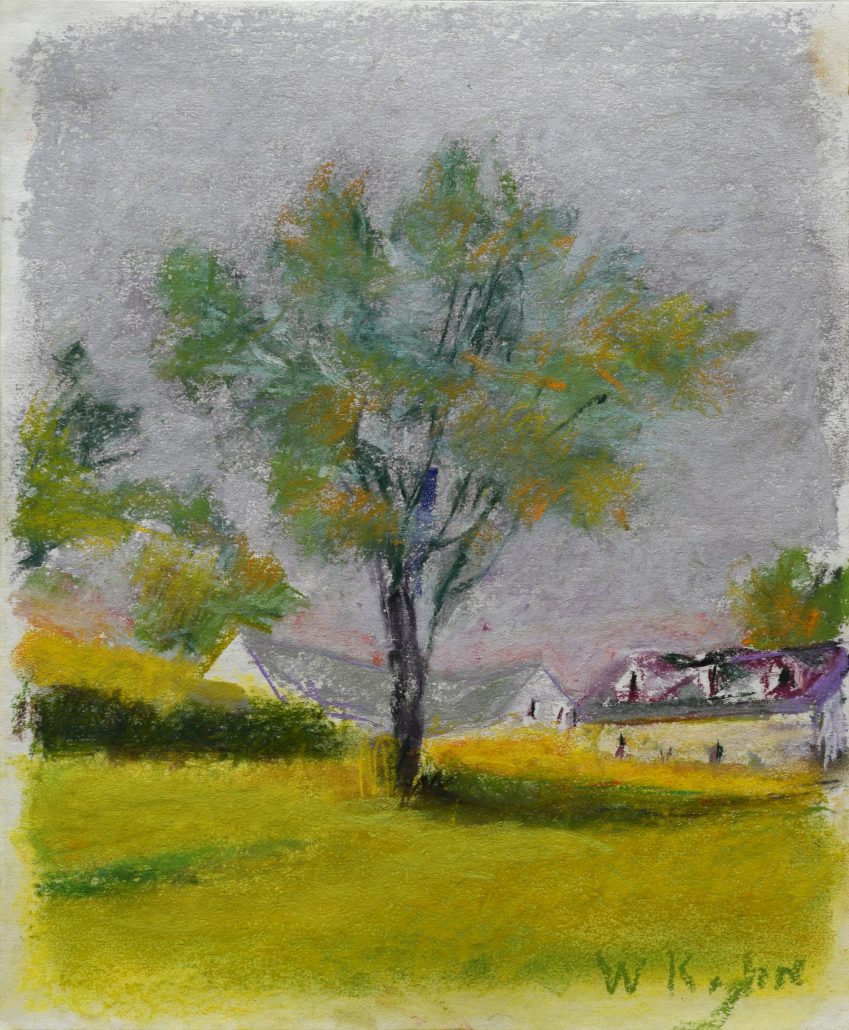 Painting of a tree in front of buildings