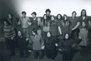 black and white group photo of 1970 theater group