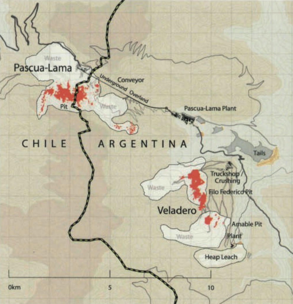 A map of mining operations on the Chile-Argentina border.