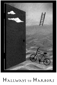 Abstract image of a bicycle, ladder, clouds and waves with the title Hallways to Harbors
