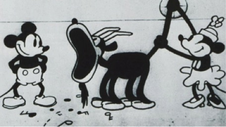 Animation still from Steamboat Willie with Micky and Minnie Mouse and Pluto